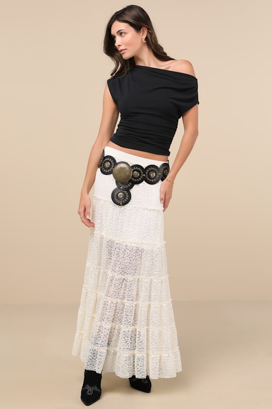 スカート Shirring Ribbon Tiered Long Skirt Ivory BLANC-CHIC Shirring Wrap Long Skirt | KOODING
