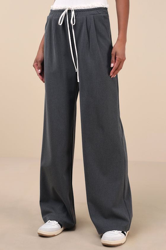 Lulus Chic Agency Grey And White Drawstring Trouser Pants In Grey And White