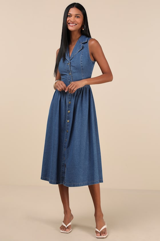 Shop Lulus Levon Medium Wash Denim Button-front Midi Dress In Blue