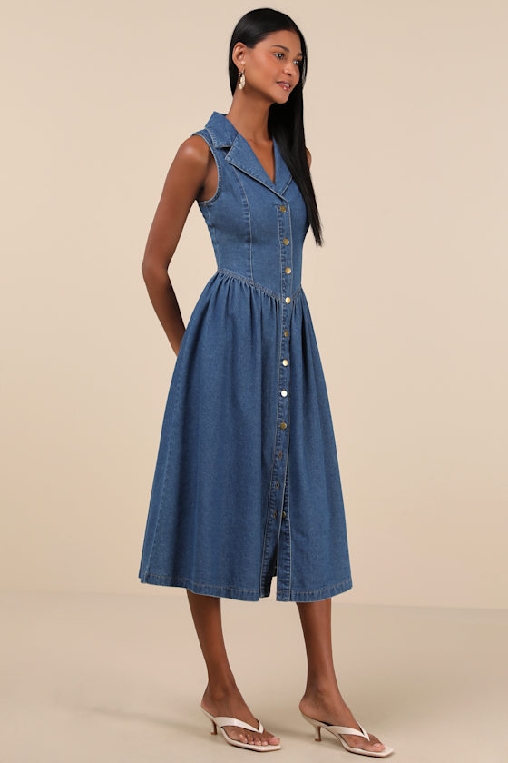 Shop Lulus Levon Medium Wash Denim Button-front Midi Dress In Blue