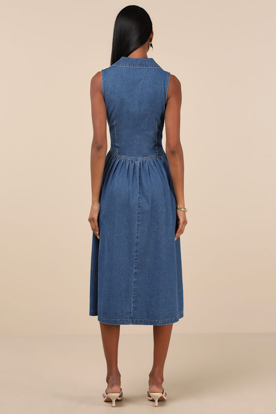 Shop Lulus Levon Medium Wash Denim Button-front Midi Dress In Blue