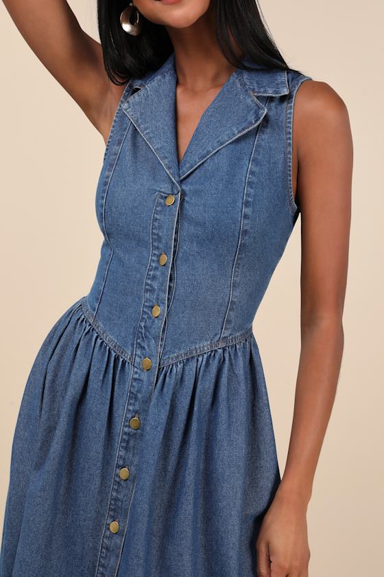 Shop Lulus Levon Medium Wash Denim Button-front Midi Dress In Blue