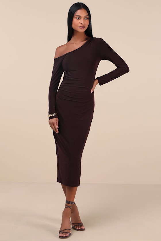 Lulus Vanel Brown Slinky Knit Asymmetrical Midi Dress In Brown