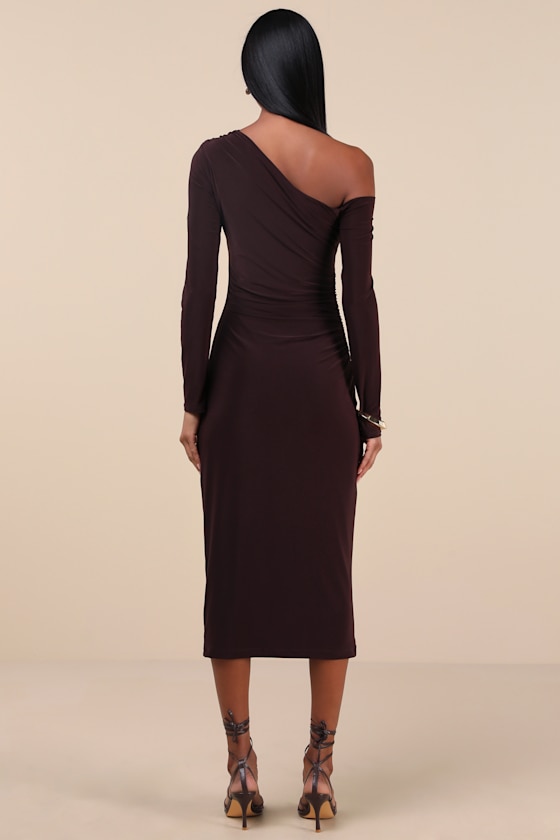 Lulus Vanel Brown Slinky Knit Asymmetrical Midi Dress In Brown