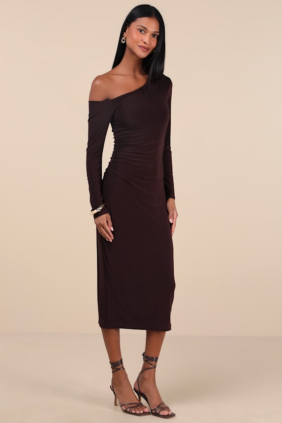 Lulus Vanel Brown Slinky Knit Asymmetrical Midi Dress In Brown