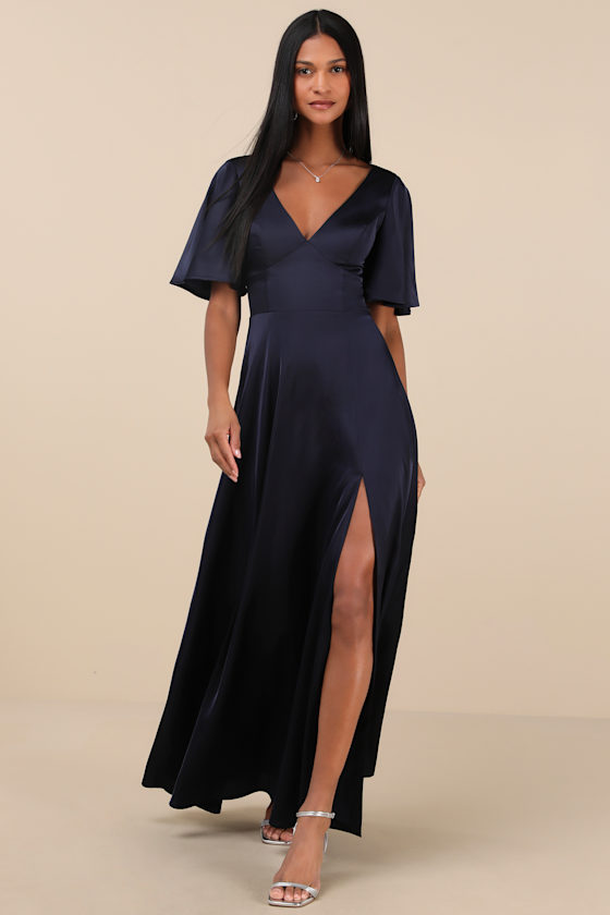 Lulus Elegant Confidence Navy Satin Flutter Sleeve Cutout Maxi Dress In Navy