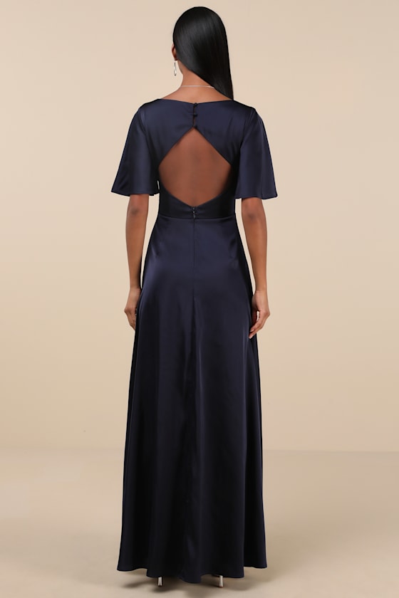 Lulus Elegant Confidence Navy Satin Flutter Sleeve Cutout Maxi Dress In Navy