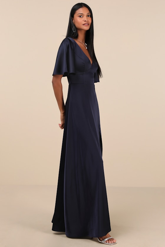 Lulus Elegant Confidence Navy Satin Flutter Sleeve Cutout Maxi Dress In Navy
