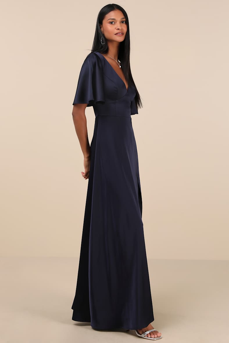 Elegant Confidence Navy Satin Flutter Sleeve Cutout Maxi Dress