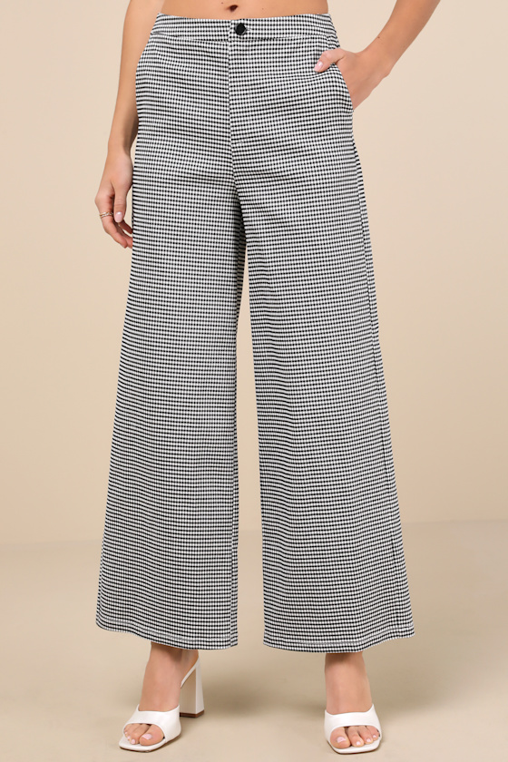 Black & White Gingham Pants - Wide-Leg Pants - High-Rise