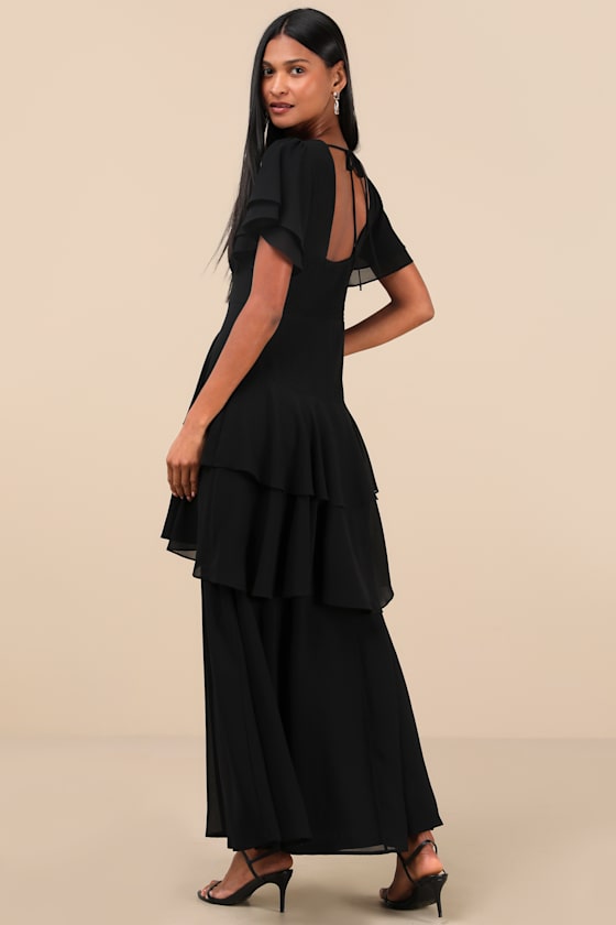 Black Chiffon Maxi Dress - Tiered Maxi Dress - Short Sleeve