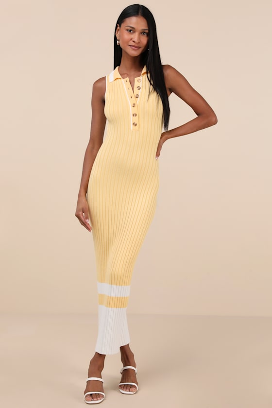 Stefany Yellow Ribbed Knit Collared Midi Sweater Dress 1
