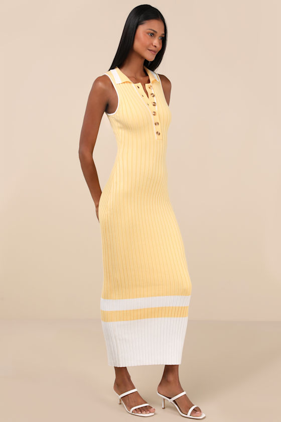 Lulus Stefany Yellow Ribbed Knit Collared Midi Sweater Dress In Yellow