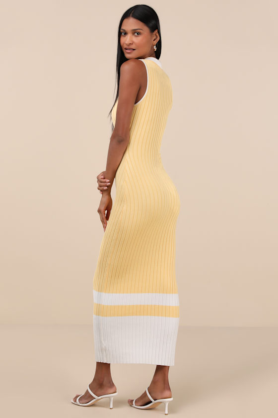 Lulus Stefany Yellow Ribbed Knit Collared Midi Sweater Dress In Yellow