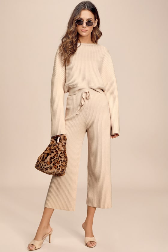 Snuggly Style Cream Ribbed Knit Wide-Leg Pants 1