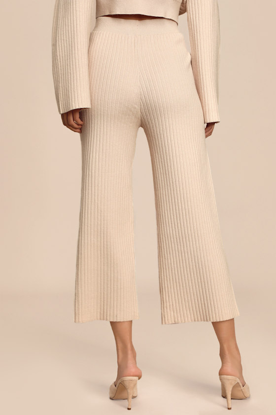 Snuggly Style Cream Ribbed Knit Wide-Leg Pants 9