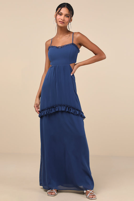 Lulus Pronounced Perfection Dark Blue Cutout Tie-back Maxi Dress In Dark Blue