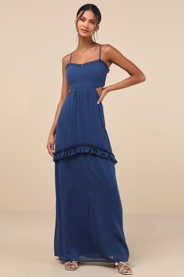white christmas dresses Fashion White Navy Floral Print V-Neck Cut-Out Back Tie-Up Maxi Dress with  Middle Slit main image 0