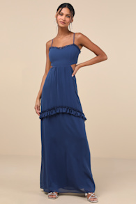 Pronounced Perfection Dark Blue Cutout Tie-Back Maxi Dress 1