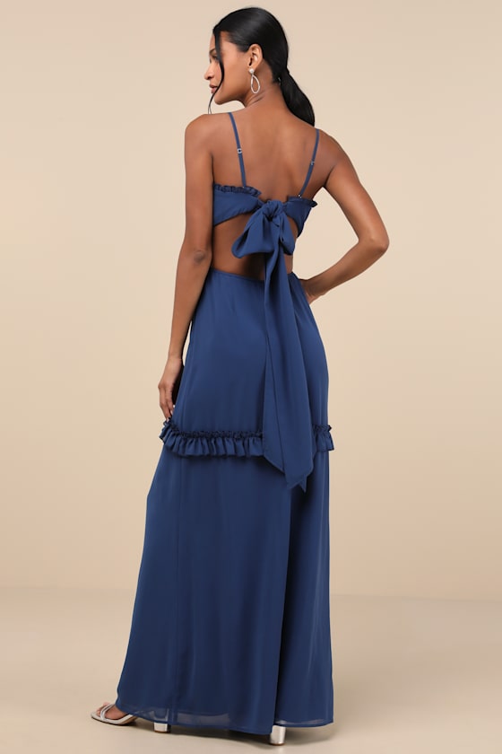 Lulus Pronounced Perfection Dark Blue Cutout Tie-back Maxi Dress In Dark Blue