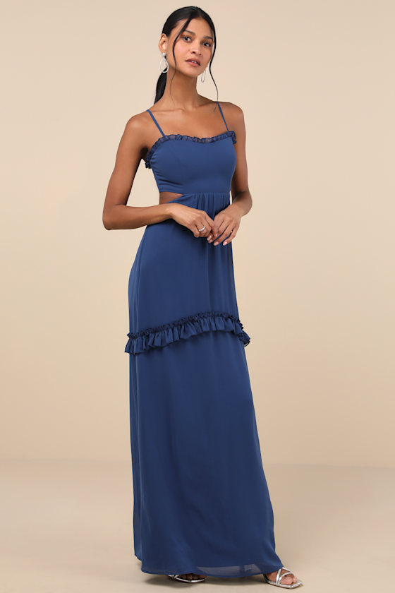 Lulus Pronounced Perfection Dark Blue Cutout Tie-back Maxi Dress In Dark Blue