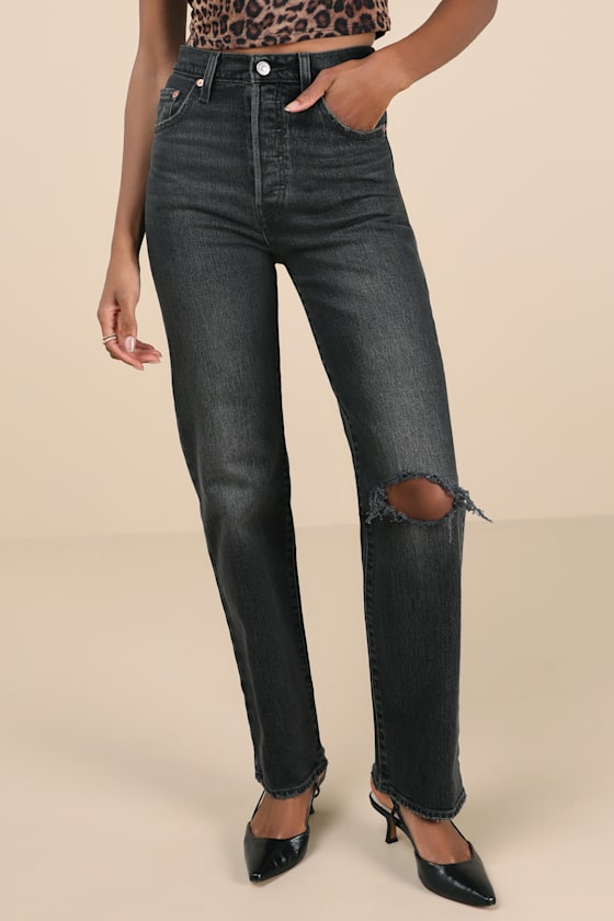 LEVI'S RIBCAGE BLACK STRAIGHT LEG HIGH-RISE DISTRESSED DENIM JEANS