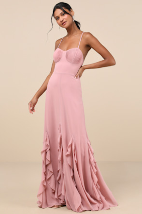 Pink Chiffon Dress - Lace-Up Maxi Dress - Ruffled Maxi Dress - Lulus