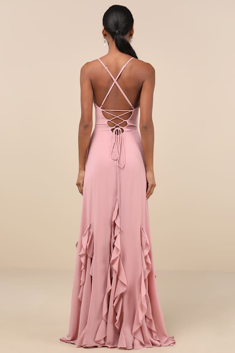 Priela Pink Ruffled Lace-Up Maxi Dress