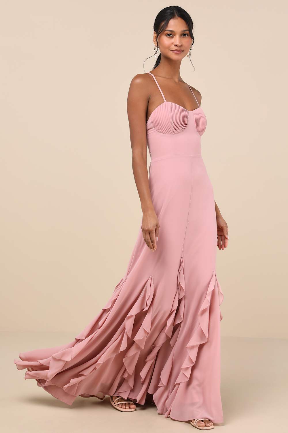 Priela Pink Ruffled Lace-Up Maxi Dress