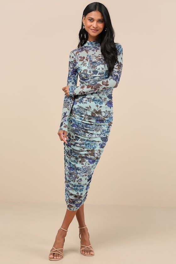Image of Impressive Flirt Blue Floral Mesh Ruched Mock Neck Midi Dress