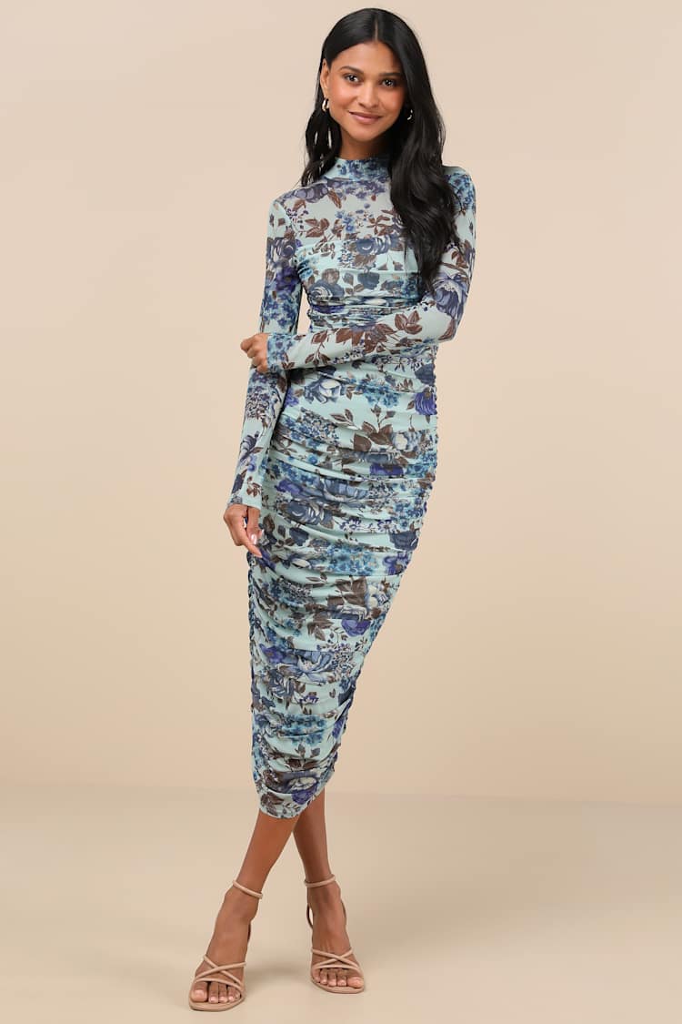 Blue Floral Mesh Ruched Mock Neck Midi Dress | Womens | Small (Available in XS, M, L, XL) | 100% Polyester | Lulus