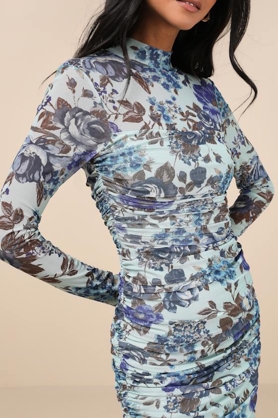 Shop Lulus Impressive Flirt Blue Floral Mesh Ruched Mock Neck Midi Dress