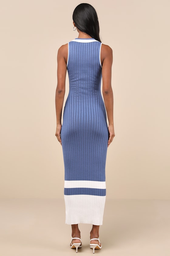 Shop Lulus Stefany Denim Blue Ribbed Knit Collared Midi Sweater Dress