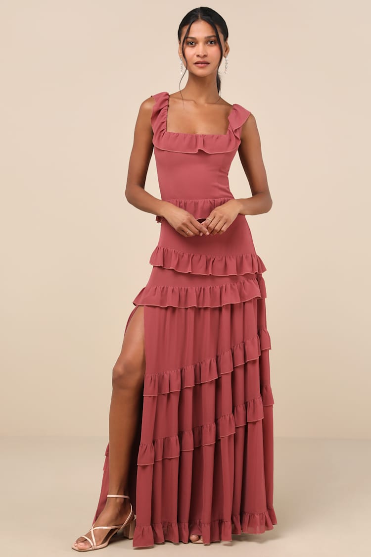 Pink Compelling Romantic Rusty Rose Ruffled Tiered Maxi Dress | Womens | Small (Available in XS, M, L, Xl) | 100% Polyester | Lulus | Prom