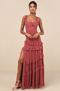 Compelling Romantic Rusty Rose Ruffled Tiered Maxi Dress 2