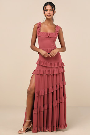 charming rose pleated tiered midi dress Doux Pink Ruffled Trim Pleated Midi Dress