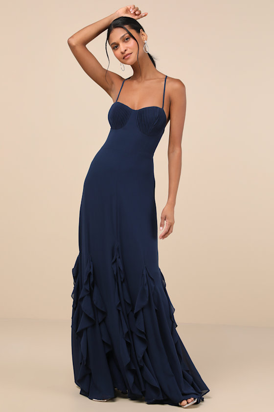 Lulus Priela Dark Navy Ruffled Lace-up Maxi Dress In Navy