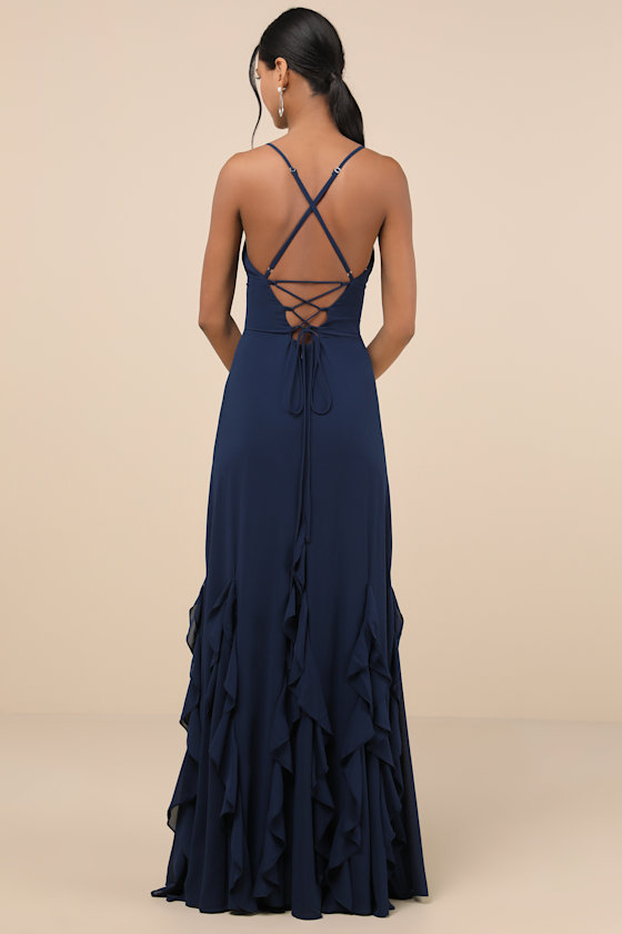 Lulus Priela Dark Navy Ruffled Lace-up Maxi Dress In Navy