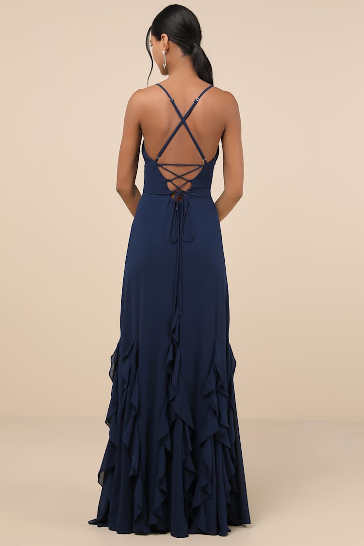 Priela Dark Navy Ruffled Lace-Up Maxi Dress