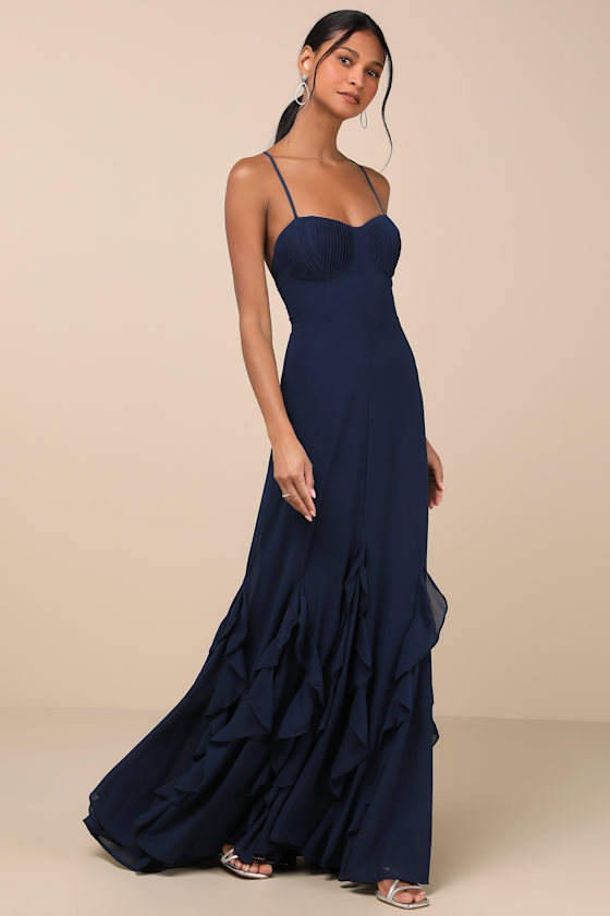 Lulus Priela Dark Navy Ruffled Lace-up Maxi Dress In Navy