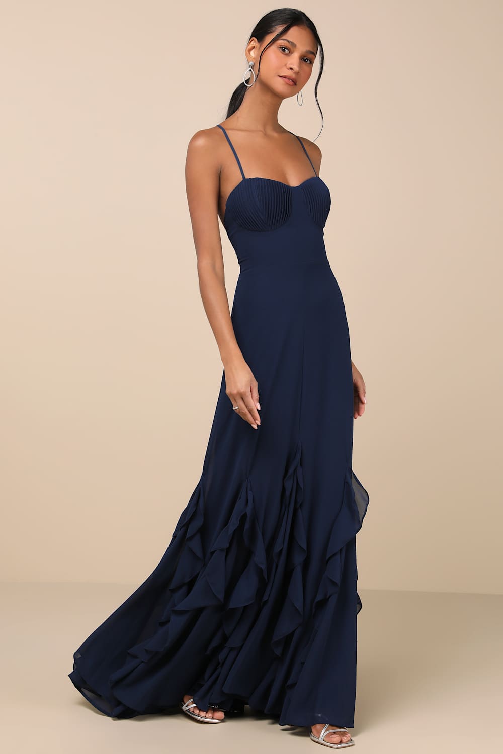 Priela Dark Navy Ruffled Lace-Up Maxi Dress