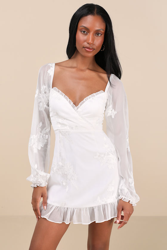 Lulus Flora White Embroidered Long Sleeve Mini Dress In White