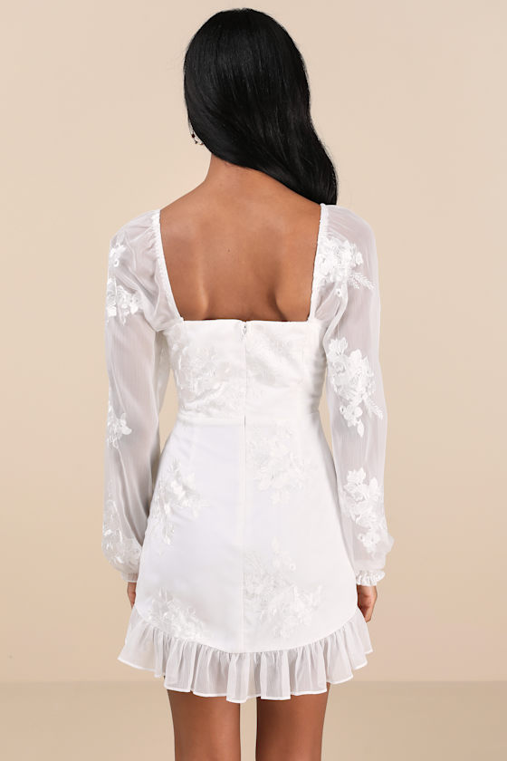 Lulus Flora White Embroidered Long Sleeve Mini Dress In White