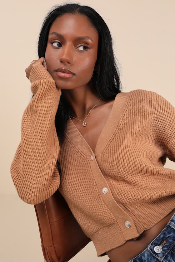 Lulus Toasty Babe Tan Knit Button-up Cropped Cardigan In Tan