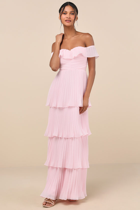 Lulus Always Remarkable Pink Pleated Off-the-shoulder Maxi Dress In Pink