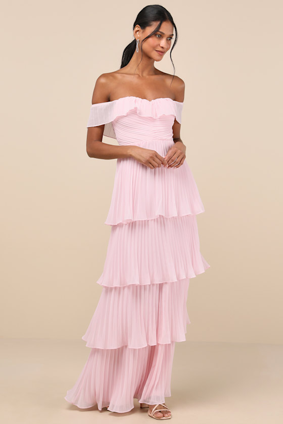 Image of Always Remarkable Pink Pleated Off-the-Shoulder Maxi Dress