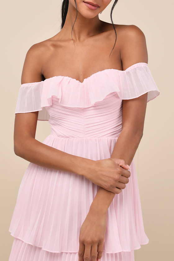 Lulus Always Remarkable Pink Pleated Off-the-shoulder Maxi Dress In Pink