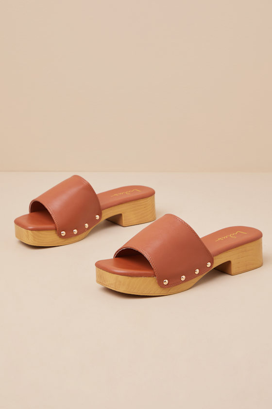 Lulus Paley Cognac Platform Slide Sandals In Brown