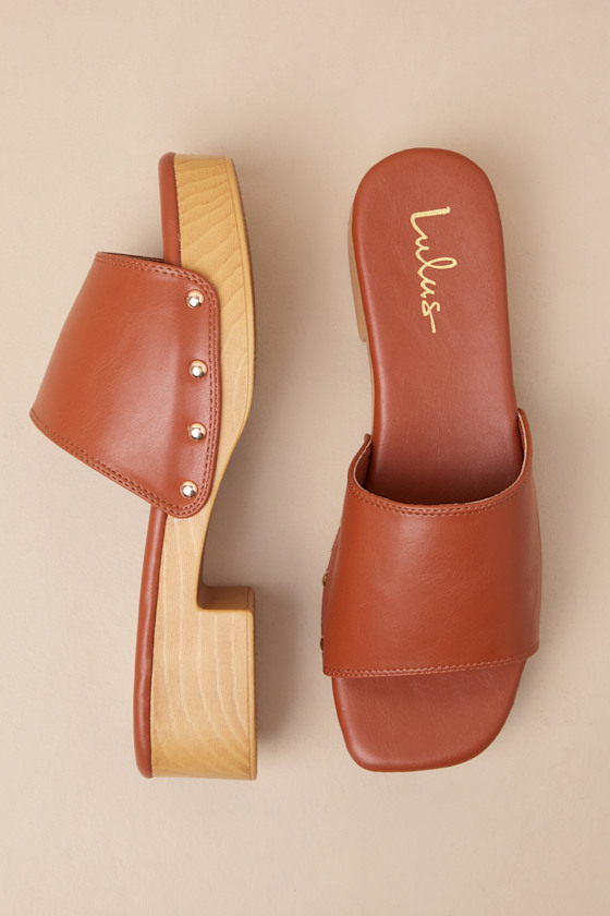 Lulus Paley Cognac Platform Slide Sandals In Brown