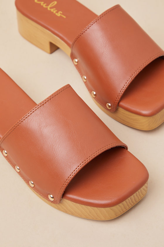 Lulus Paley Cognac Platform Slide Sandals In Brown